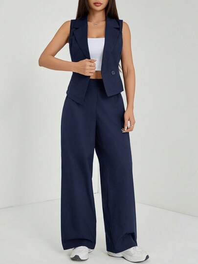 SHEIN PETITE طقم ملابس خريفي قطعتين مكون من توب بلا أكمام وبنطلون بلون واحد قطعتان/مجموعة، ملابس خريفية للنساء