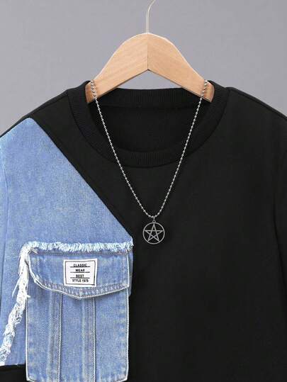 SHEIN مجموعة قطعتين من هوديي ومرايل جينز مرقعة للأولاد المراهقين، ملابس بأسلوب الشارع الأزياء مرقعة من الجينز