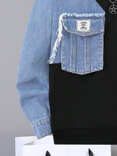 SHEIN مجموعة قطعتين من هوديي ومرايل جينز مرقعة للأولاد المراهقين، ملابس بأسلوب الشارع الأزياء مرقعة من الجينز
