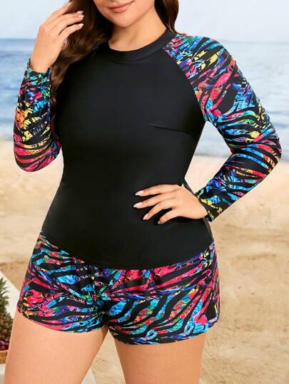 Swim Lushoire مجموعة ملابس سباحة نسائية بمقاس كبير جديدة من قطعتين, بلوزة آستين طويلة مطبوعة مثبتة على خصره عالية مع شورت ملحق