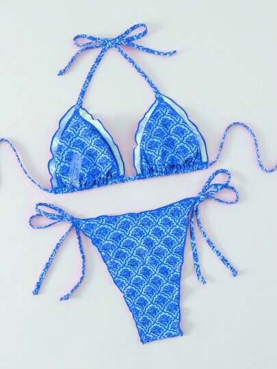 Swim Mod ملابس نسائية صيفية شاطئية مكونة من توب قصير كروب بحمالات رفيعة ومطبوع بأزهار عشوائية وبكشكشات وبيكيني مربوط من الجانبين