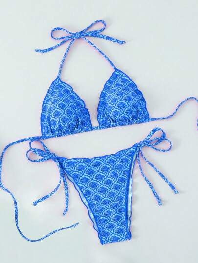 Swim Mod ملابس نسائية صيفية شاطئية مكونة من توب قصير كروب بحمالات رفيعة ومطبوع بأزهار عشوائية وبكشكشات وبيكيني مربوط من الجانبين