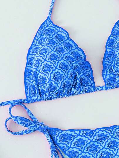 Swim Mod ملابس نسائية صيفية شاطئية مكونة من توب قصير كروب بحمالات رفيعة ومطبوع بأزهار عشوائية وبكشكشات وبيكيني مربوط من الجانبين