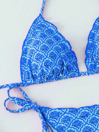 Swim Mod ملابس نسائية صيفية شاطئية مكونة من توب قصير كروب بحمالات رفيعة ومطبوع بأزهار عشوائية وبكشكشات وبيكيني مربوط من الجانبين
