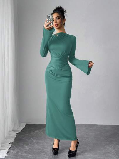 فساتين حريمي Modelyn العيد فستان نسائي طويل الأكمام مجعد ذو فتحات لون أحادي أنيق