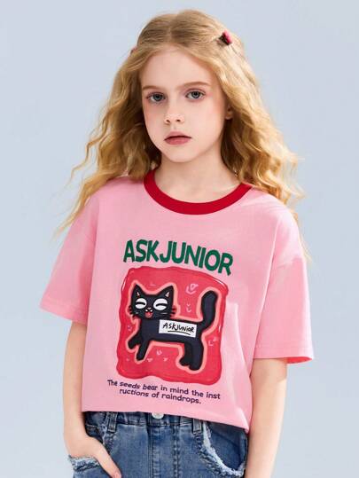 ملابس بناتي ASK JUNIOR تي شيرت أسك جونيور قصير الأكمام للبنات التي في مرحلة المراهقة المبكرة، طبعات جميلة أكمام نصفية، ملابس علوية كاجوال للبنات