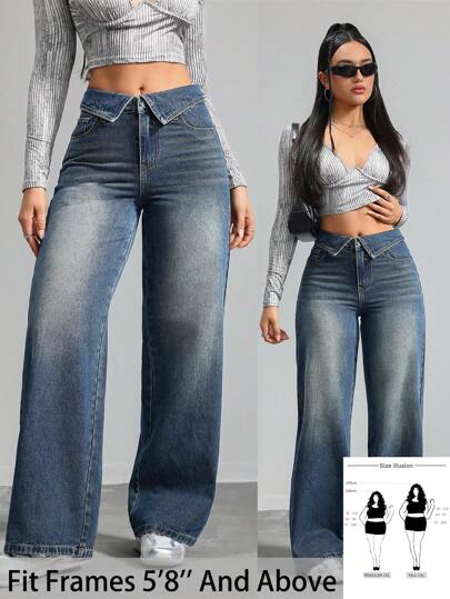 SHEIN Tall CURVE بنطلون نسائي بخصر واسع وساق مستقيمة من الجينز الأزرق، مناسب للصيف والعطلات والربيع والعمل والخروج والمهرجانات والمطار، مناسب للنساء ذوات الأحجام الكبيرة