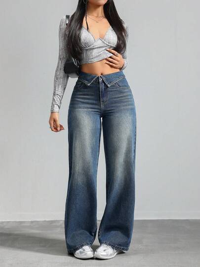 SHEIN Tall CURVE بنطلون نسائي بخصر واسع وساق مستقيمة من الجينز الأزرق، مناسب للصيف والعطلات والربيع والعمل والخروج والمهرجانات والمطار، مناسب للنساء ذوات الأحجام الكبيرة