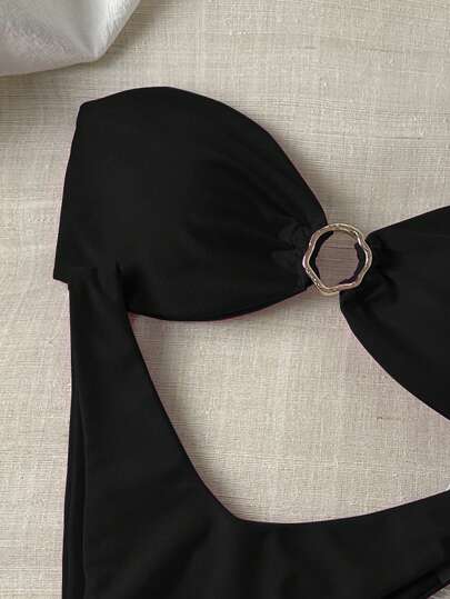 Swim Chiccia ملابس شاطئ نسائية قطعتين؛ ملابس علوية بدون أشرطة مزينة بالمعدن وبيكيني قصير جذاب، إطلالة صيفية