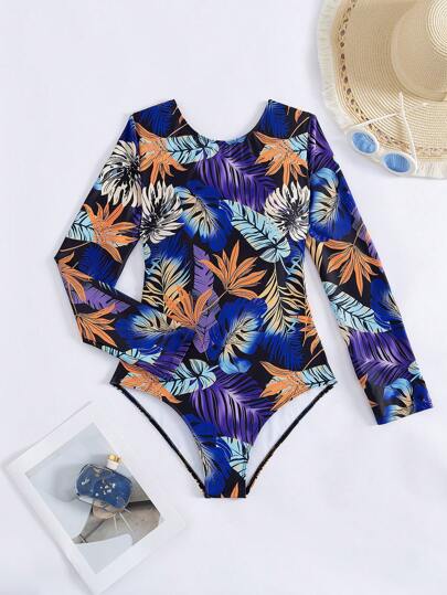 SHEIN Swim بدلة سباحة قطعة واحدة بطبعة نباتية مفرغة، طباعة عشوائية، للشاطئ والعطلات