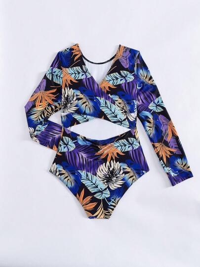 SHEIN Swim بدلة سباحة قطعة واحدة بطبعة نباتية مفرغة، طباعة عشوائية، للشاطئ والعطلات