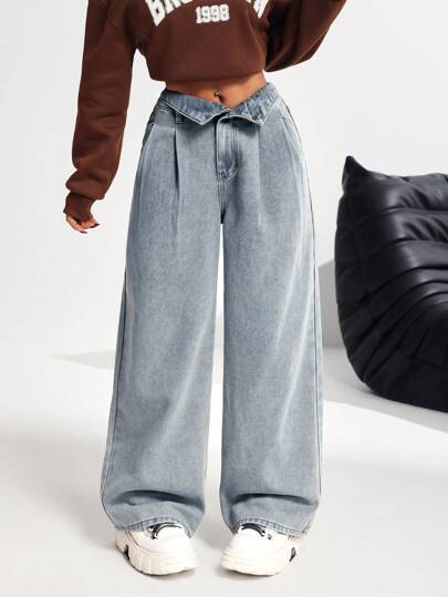 SHEIN PETITE السراويل الجينز بخصر عالي وساق واسعة للنساء، أزرق