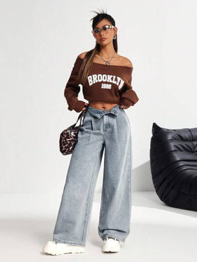 SHEIN PETITE السراويل الجينز بخصر عالي وساق واسعة للنساء، أزرق