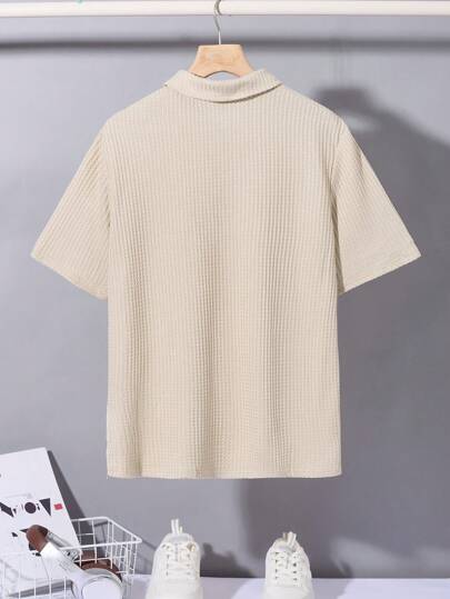 SHEIN قميص بولو محبوك بنسيج الخلية موحد اللون المالئم لكل شيء، لدى المراهقين، ألوان سادة، مريح وعملي، مناسب للربيع والصيف