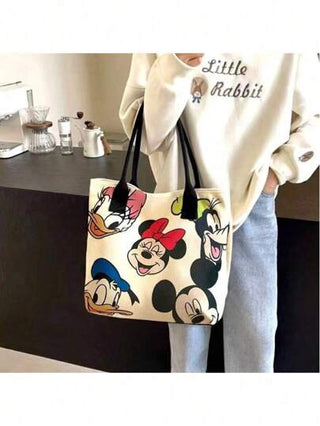 Disney حقيبة قماشية كبيرة السعة بتصميم كرتوني لشخصية ميكي ماوس - حقيبة كتف موضة للنساء مع إغلاق سحاب وأزرار مناسبة للتسوق والاستخدام اليومي