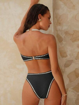 Swim Chiccia 2 قطعة من بيكيني برقبة عالية ذو لون أحادي ملمس معدني للإكسسوارات، ملابس سباحة أنيقة وجذابة لحفلات الشاطئ والمسبح في الصيف للنساء