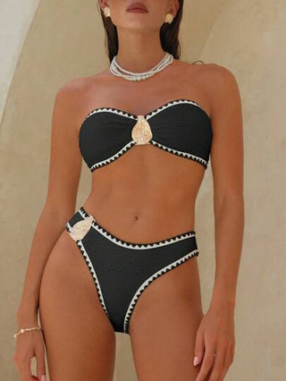 Swim Chiccia 2 قطعة من بيكيني برقبة عالية ذو لون أحادي ملمس معدني للإكسسوارات، ملابس سباحة أنيقة وجذابة لحفلات الشاطئ والمسبح في الصيف للنساء
