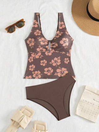 طقم تانكيني حريمي Swim Lushoire مجموعة بكيني مكونة من ملابس علوية مطبوع عشوائي بحرزمات وأسفل بلون أحادي للنساء