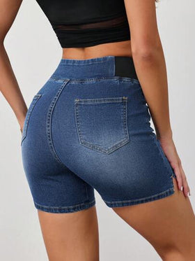 SHEIN Tall شورتات جينز نسائية، شورتات جينز ضيقة وعادية مطاطية، شورتات جينز زرقاء نسائية، شورتات جينز قصيرة للنساء، شورتات جينز صيفية للنساء