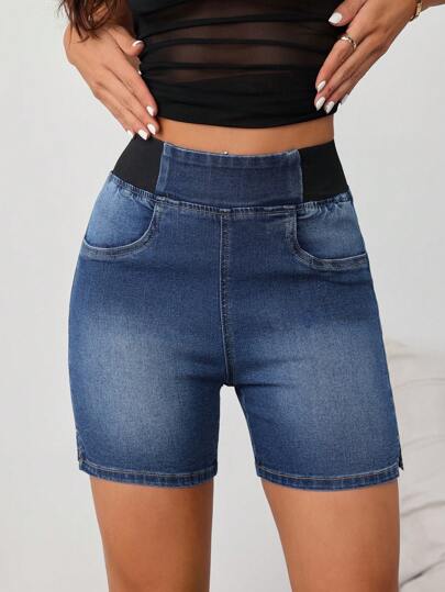 SHEIN Tall شورتات جينز نسائية، شورتات جينز ضيقة وعادية مطاطية، شورتات جينز زرقاء نسائية، شورتات جينز قصيرة للنساء، شورتات جينز صيفية للنساء