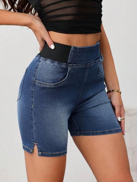 SHEIN Tall شورتات جينز نسائية، شورتات جينز ضيقة وعادية مطاطية، شورتات جينز زرقاء نسائية، شورتات جينز قصيرة للنساء، شورتات جينز صيفية للنساء