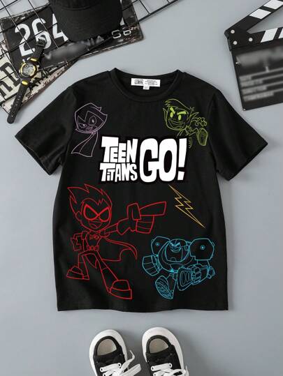 Teen Titans Go X SHEIN تي شيرت تي شيرت أسود بأكمام قصيرة مطبوع عليه رسوم كرتونية، مناسب للشباب في الصيف