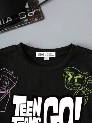 Teen Titans Go X SHEIN تي شيرت تي شيرت أسود بأكمام قصيرة مطبوع عليه رسوم كرتونية، مناسب للشباب في الصيف