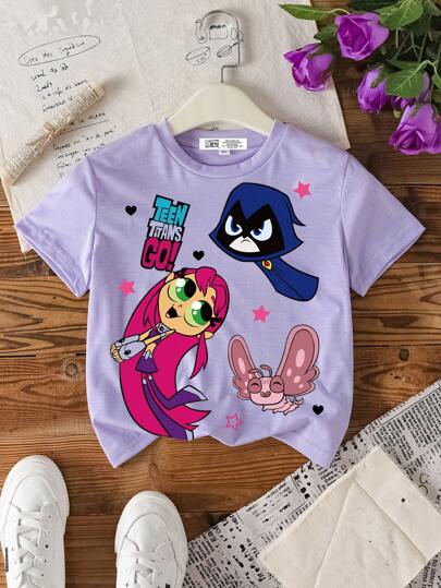 تيشيرتات بناتي Teen Titans Go X  تي شيرت قصير الأكمام بياقة طاقم بنفسجي كاجوال مطبوع برسوم كرتونية، مناسب للفتيات المراهقات في الصيف