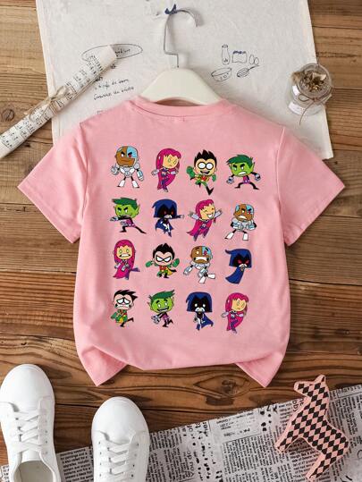 ملابس بناتي Teen Titans Go X  تي شيرت T قصير الأكمام وردي مطبوع برسوم كرتونية عفوية مناسب للبنات المراهقات في الصيف