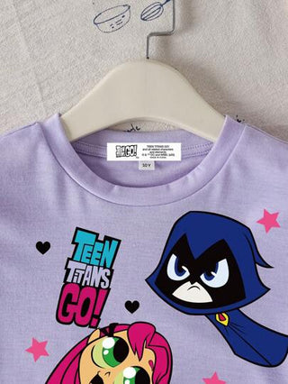 تيشيرتات بناتي Teen Titans Go X  تي شيرت قصير الأكمام بياقة طاقم بنفسجي كاجوال مطبوع برسوم كرتونية، مناسب للفتيات المراهقات في الصيف