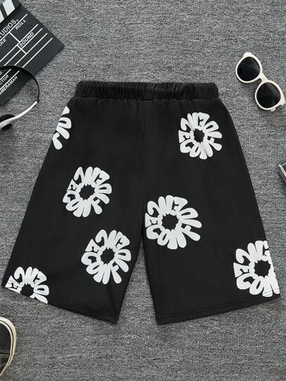 SHEIN شورت أسود فضفاض مطبوع للمراهقين (الأولاد)