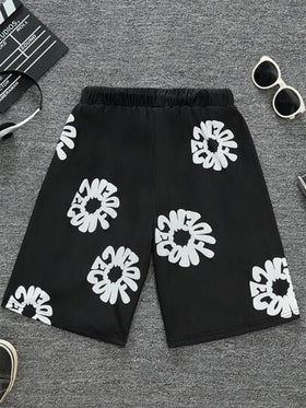 SHEIN شورت أسود فضفاض مطبوع للمراهقين (الأولاد)