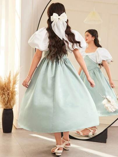 SHEIN فستان أميرة بياقة مربعة بأكمام قصيرة وتصميم جاكار للفتيات المراهقات