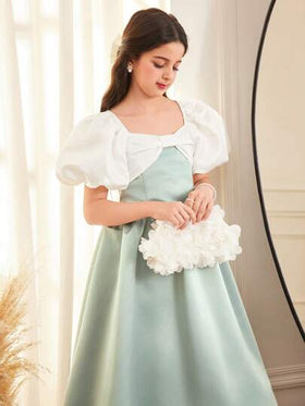SHEIN فستان أميرة بياقة مربعة بأكمام قصيرة وتصميم جاكار للفتيات المراهقات