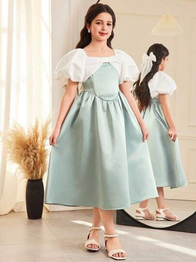 SHEIN فستان أميرة بياقة مربعة بأكمام قصيرة وتصميم جاكار للفتيات المراهقات