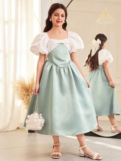SHEIN فستان أميرة بياقة مربعة بأكمام قصيرة وتصميم جاكار للفتيات المراهقات