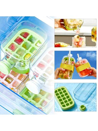 زجاجة مع مكعبات ثلج, زجاجة مياه ذات قمع للثلج 2 في 1 بدون لمس، قالب لصنع مكعبات الثلج، سهلة الضغط لتحرير قالب الثلج الرأسي مع غطاء للثلاجة