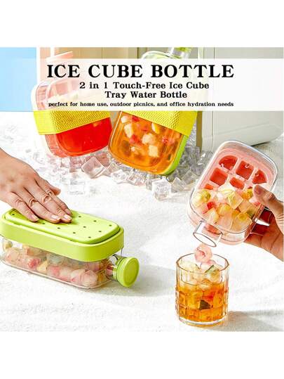 زجاجة مع مكعبات ثلج, زجاجة مياه ذات قمع للثلج 2 في 1 بدون لمس، قالب لصنع مكعبات الثلج، سهلة الضغط لتحرير قالب الثلج الرأسي مع غطاء للثلاجة