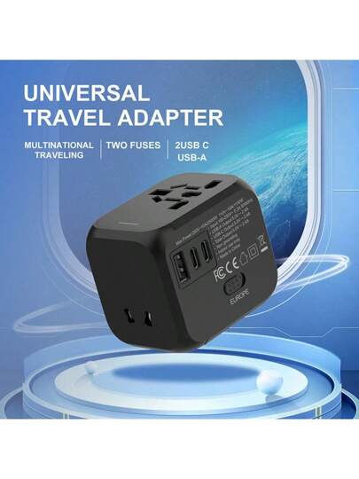 محول سفر عالمي قوة 2500 وات - مع منفذ USB واحد وشحن نوع C اثنين، تصميم مدمج وخفيف الوزن، مناسب لأمريكا والمملكة المتحدة والاتحاد الأوروبي وأستراليا والمزيد، متوفر باللون الأزرق والبرتقالي والأسود والأبيض - مثالي للسفر التجاري والعطلات
