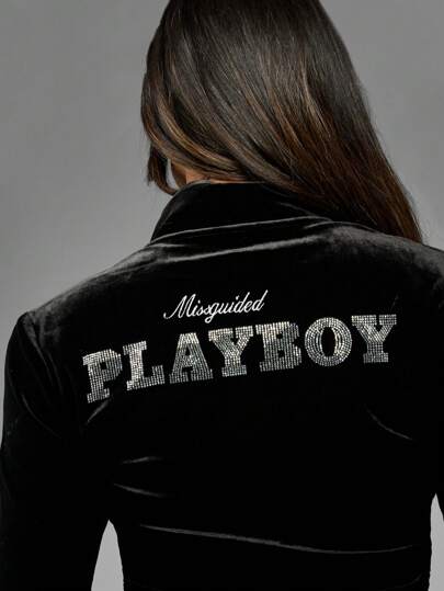 Missguided x Playboy MISSGUIDED جاكيت فيلفت مرصع بالراين ستون للارتداء في الحفلات الشتوية، وملابس الترفيه، مصنوع من الشارع بقماش فاخر ناعم