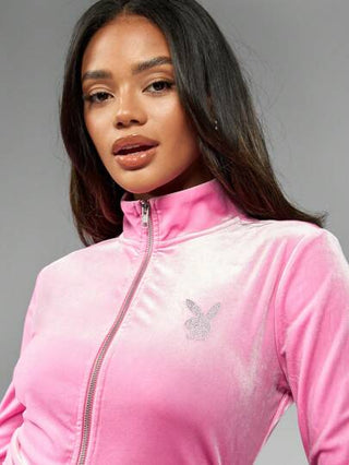 Missguided x Playboy MISSGUIDED وشامل بالملابس ملابس علوية رياضية مطرزة بالكريستال والرفيع، جاكيت مخملية أنيقة مجموعة موضة الشارع اللياقة البدنية اليومي والمريح لفصل الخريف والشتاء