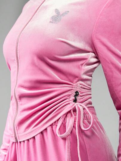 Missguided x Playboy MISSGUIDED وشامل بالملابس ملابس علوية رياضية مطرزة بالكريستال والرفيع، جاكيت مخملية أنيقة مجموعة موضة الشارع اللياقة البدنية اليومي والمريح لفصل الخريف والشتاء
