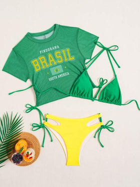 Swim SXY طقم سباحة نسائي بتصميم رياضي موحد اللون مكون من ملابس علوية تانك توب بحمالات وسروال قصير مطبوع بعلم البرازيل مع الستارة الشبكية المناسبة للعطلات والشاطئ، مكون من 3 قطع