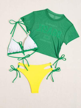 Swim SXY طقم سباحة نسائي بتصميم رياضي موحد اللون مكون من ملابس علوية تانك توب بحمالات وسروال قصير مطبوع بعلم البرازيل مع الستارة الشبكية المناسبة للعطلات والشاطئ، مكون من 3 قطع