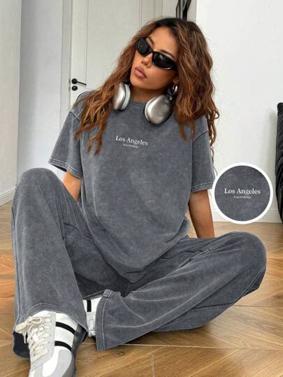 طقم حريمي قطعتين EZwear مجموعة قطعتين من ملابس علوية كاجوال رمادي مغسول بطرز حرفي أكمام قصيرة وبنطلون سيدات