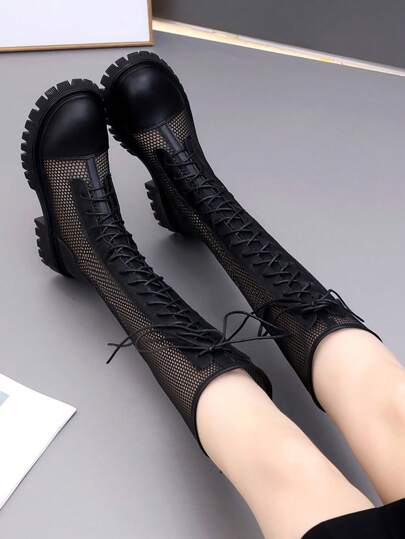 بوت النساء الطويل الربيعي، بوت جلدية عالية الرقبة لا تصل إلى الركبة سوداء مسامية منسوجة مسامية برباط حزام طويل للحماية، حجم كبير 43 الجس المشري