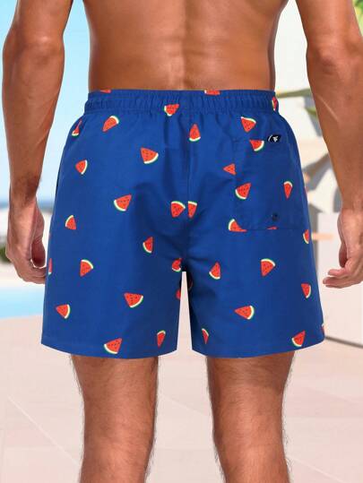 Manfinity Swimmode شورت شاطئ للرجال ذو خصر بسحاب برسومات البطيخ، طراز هاواي