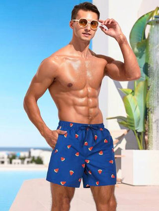 Manfinity Swimmode شورت شاطئ للرجال ذو خصر بسحاب برسومات البطيخ، طراز هاواي