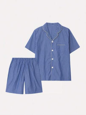 مجموعة بيجامة رجالية مكونة من ملابس علوية كم قصير مطبوع بخطوط وشورت، ملابس نوم صيفية، لون أزرق فاتح