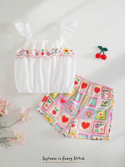Cozy Pixies مجموعة من قطعتين للبنات الرضع؛ ملابس علوية مطبوعة بنقوش نباتية وزهور و شورت خصر مطاطي
